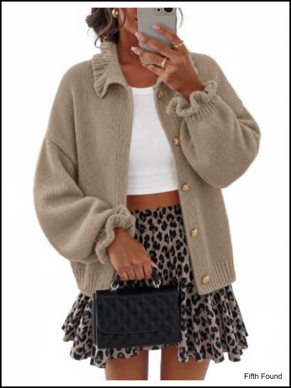 Chunky Knit Ruffle Mock Neck Button Cardigan Sweater